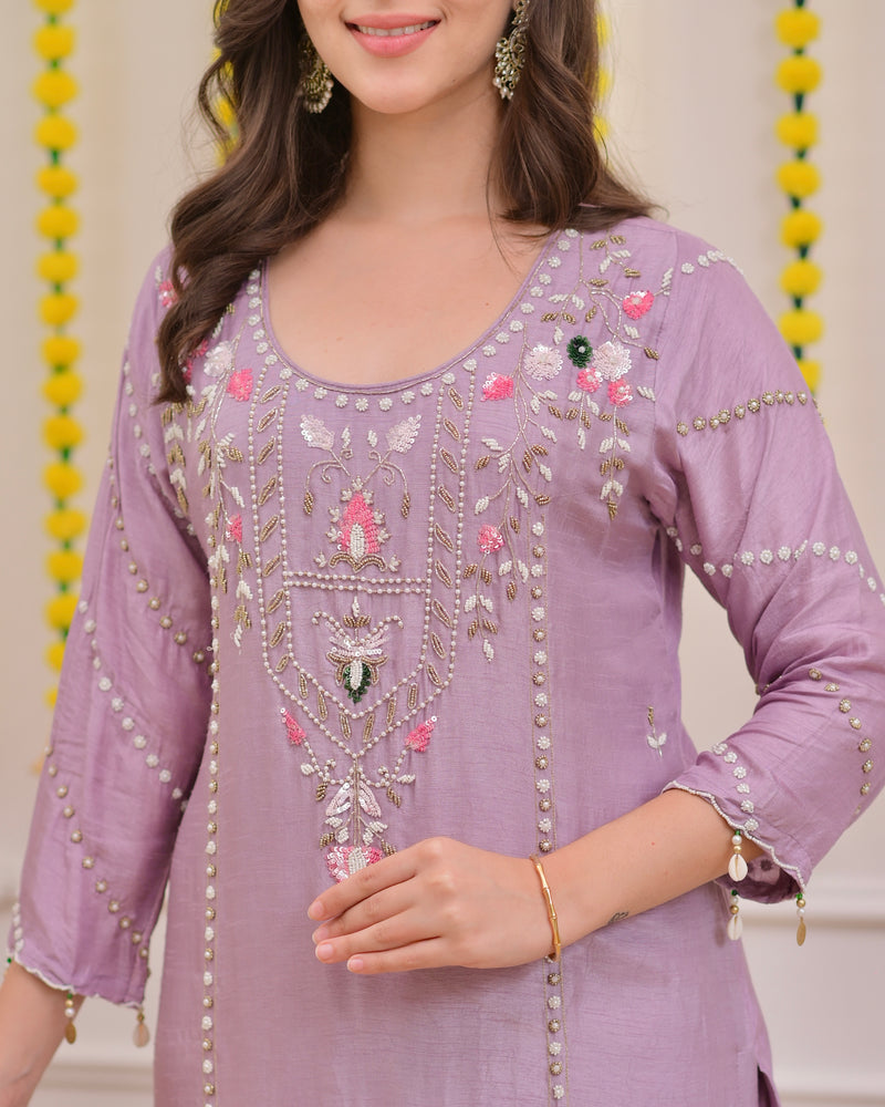 Lilac Premium Silk Handwork Festive Suit