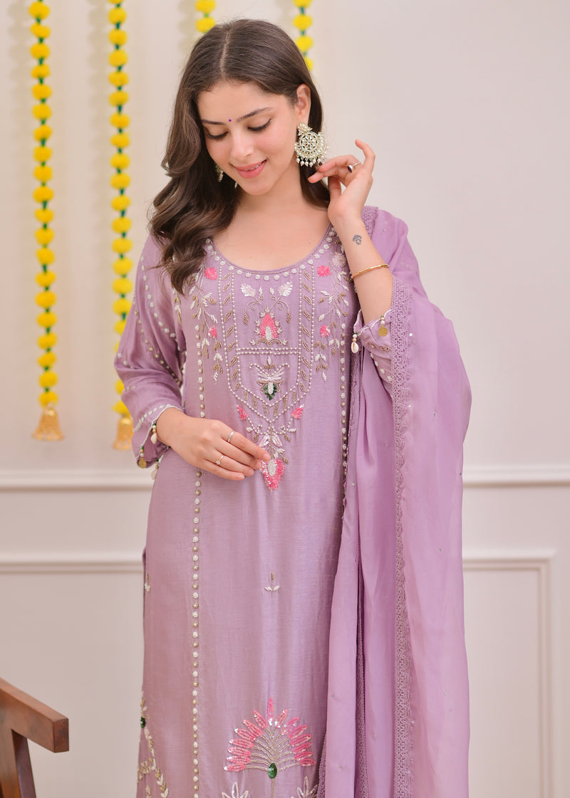 Lilac Premium Silk Handwork Festive Suit