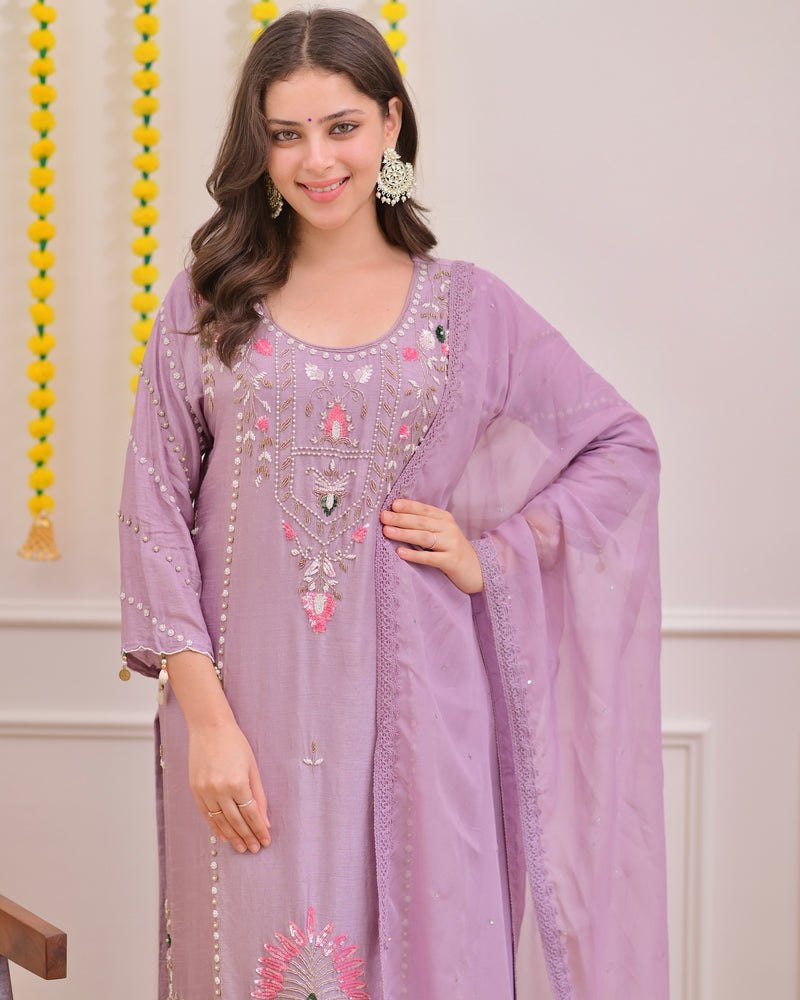 Lilac Premium Silk Handwork Festive Suit