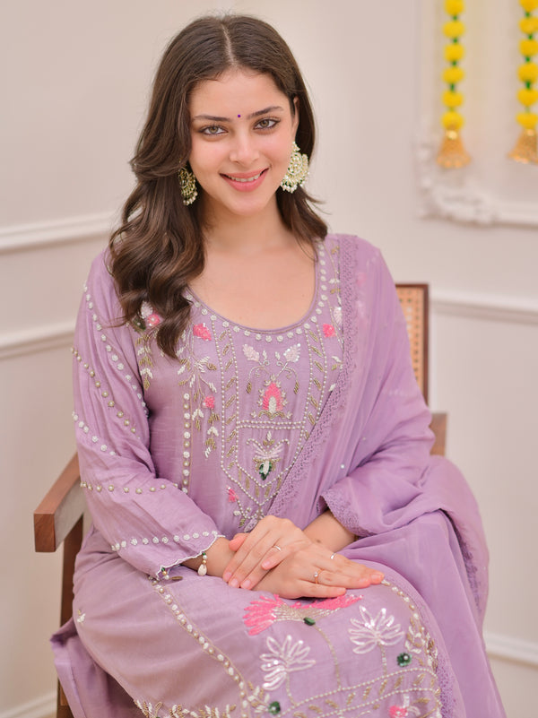 Lilac Premium Silk Handwork Festive Suit