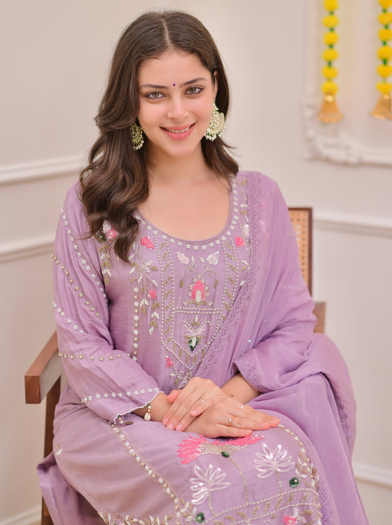 Lilac Premium Silk Handwork Festive Suit
