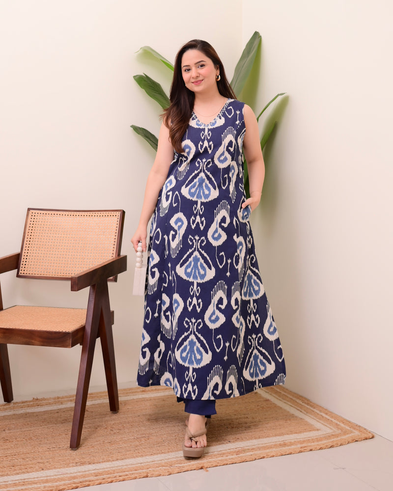 Navy Blue Ikat Cotton A Line Kurta Set