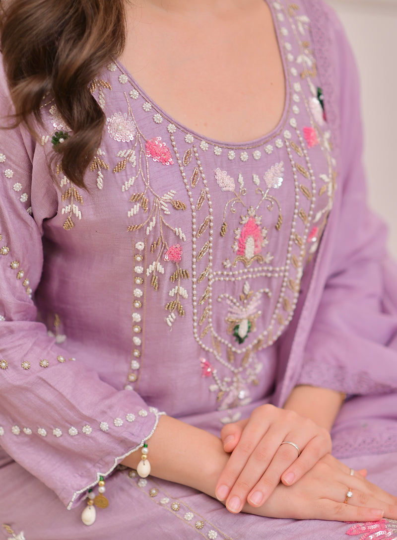 Lilac Premium Silk Handwork Festive Suit