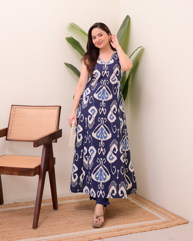 Navy Blue Ikat Cotton A Line Kurta Set