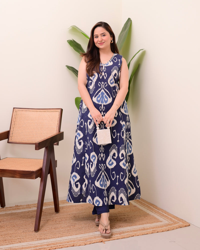 Navy Blue Ikat Cotton A Line Kurta Set