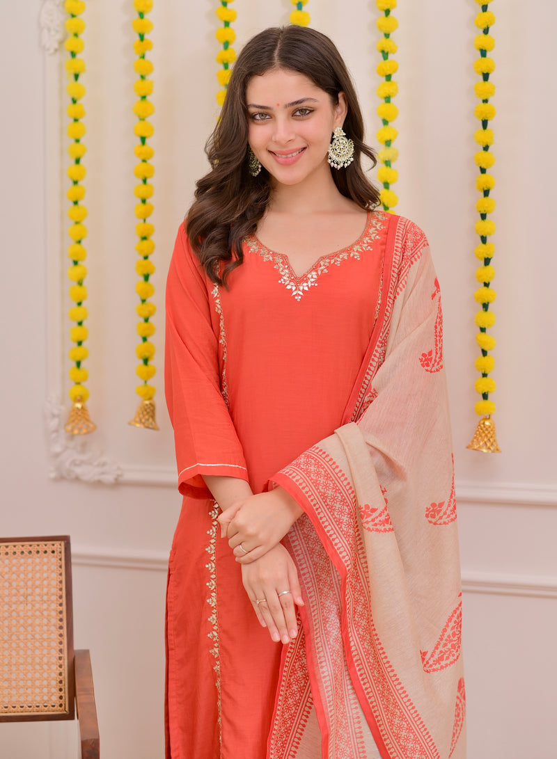 Rust Gota Patti Handwork Mul Chanderi Suit