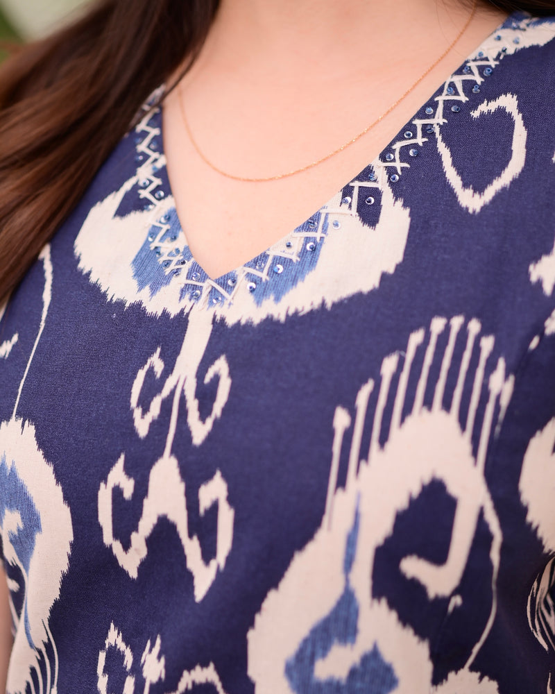 Navy Blue Ikat Cotton A Line Kurta Set