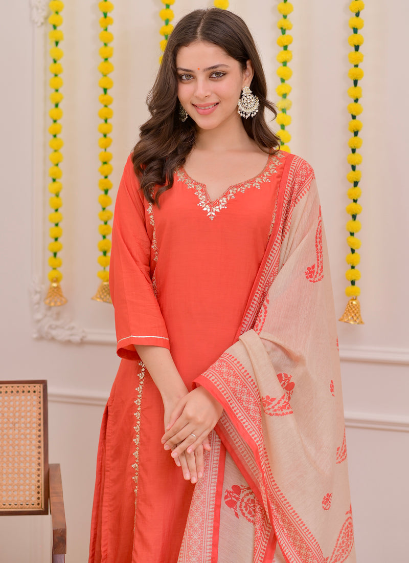Rust Gota Patti Handwork Mul Chanderi Suit