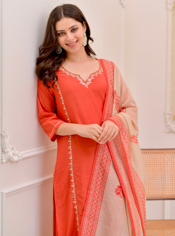 Rust Gota Patti Handwork Mul Chanderi Suit