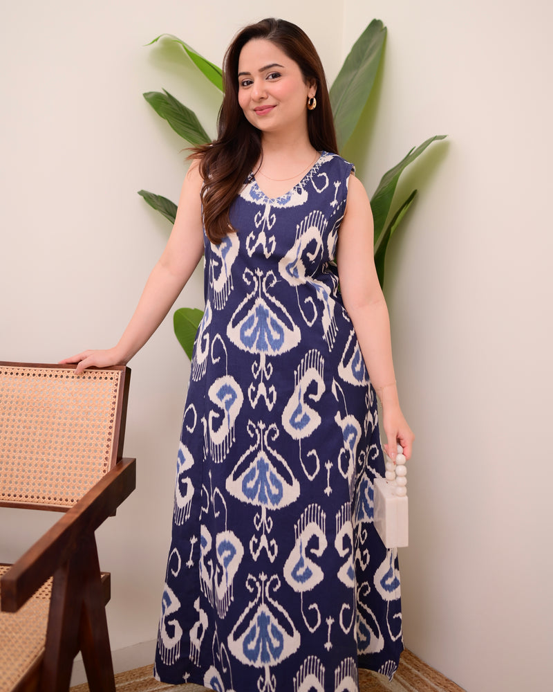 Navy Blue Ikat Cotton A Line Kurta Set