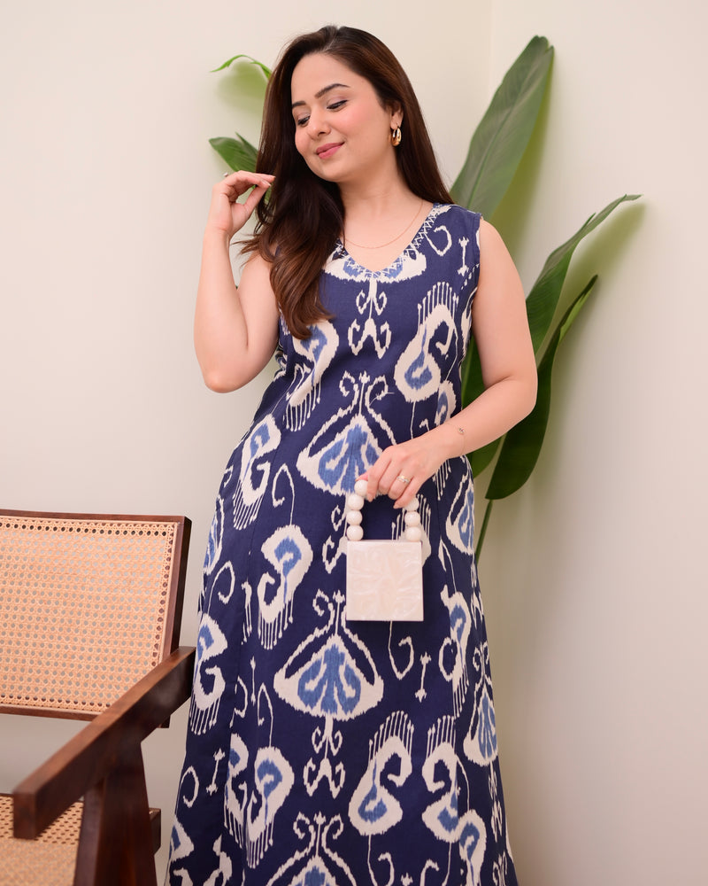 Navy Blue Ikat Cotton A Line Kurta Set