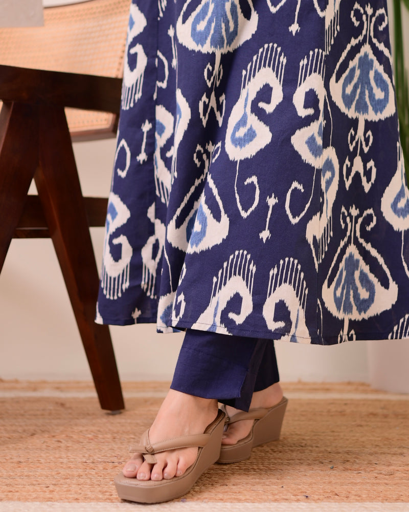 Navy Blue Ikat Cotton A Line Kurta Set