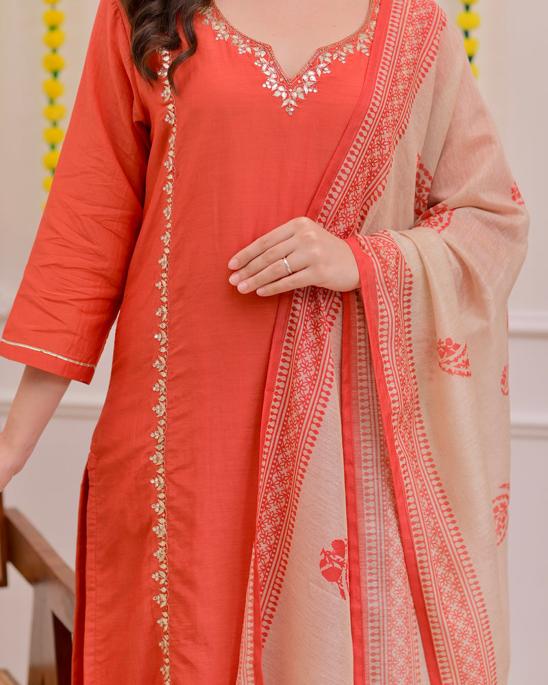 Rust Gota Patti Handwork Mul Chanderi Suit