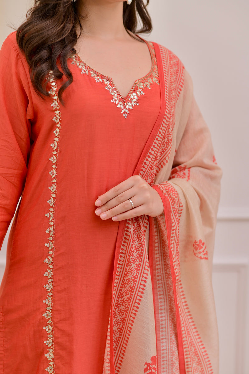 Rust Gota Patti Handwork Mul Chanderi Suit