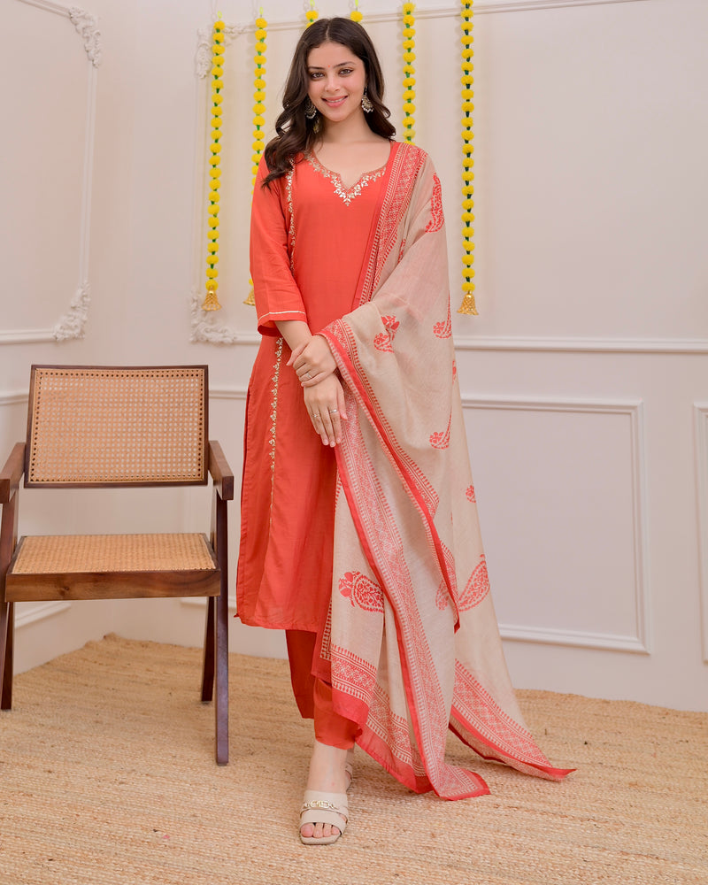 Rust Gota Patti Handwork Mul Chanderi Suit