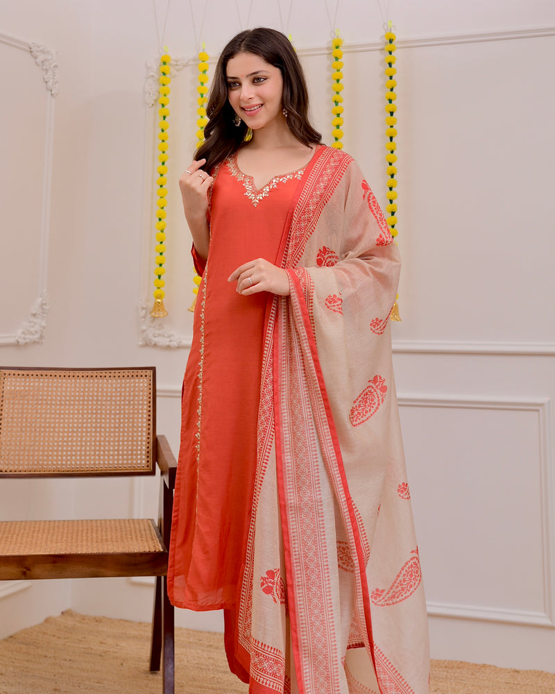 Rust Gota Patti Handwork Mul Chanderi Suit