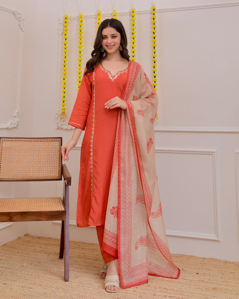 Rust Gota Patti Handwork Mul Chanderi Suit