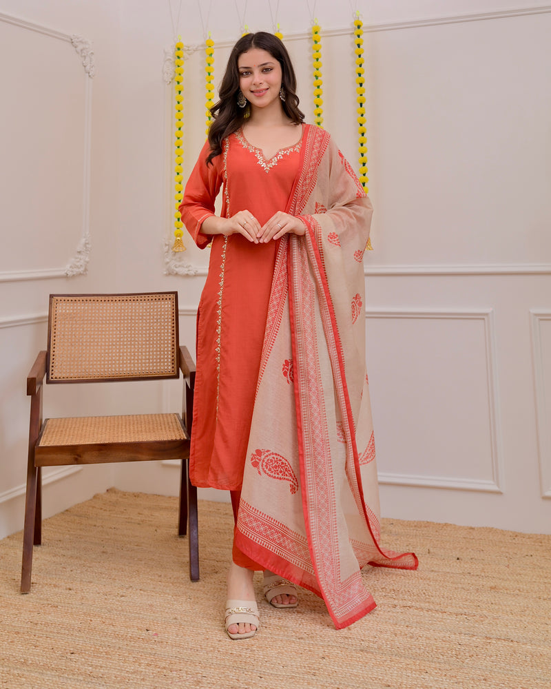 Rust Gota Patti Handwork Mul Chanderi Suit