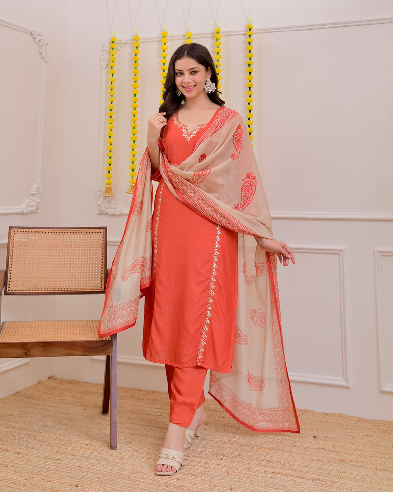 Rust Gota Patti Handwork Mul Chanderi Suit