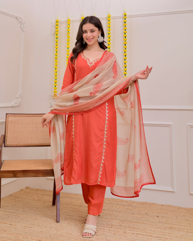 Rust Gota Patti Handwork Mul Chanderi Suit