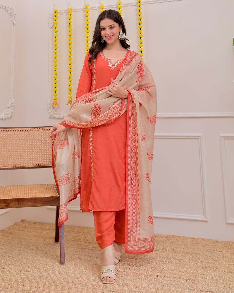 Rust Gota Patti Handwork Mul Chanderi Suit