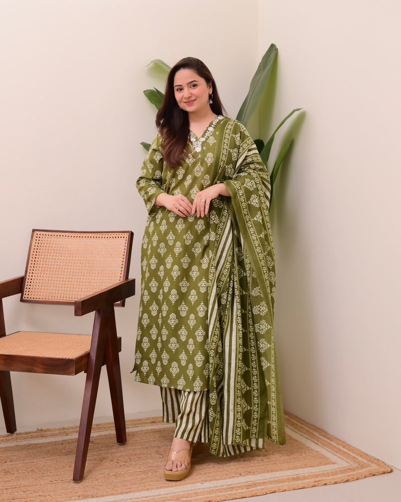 Green Floral Cotton Suit