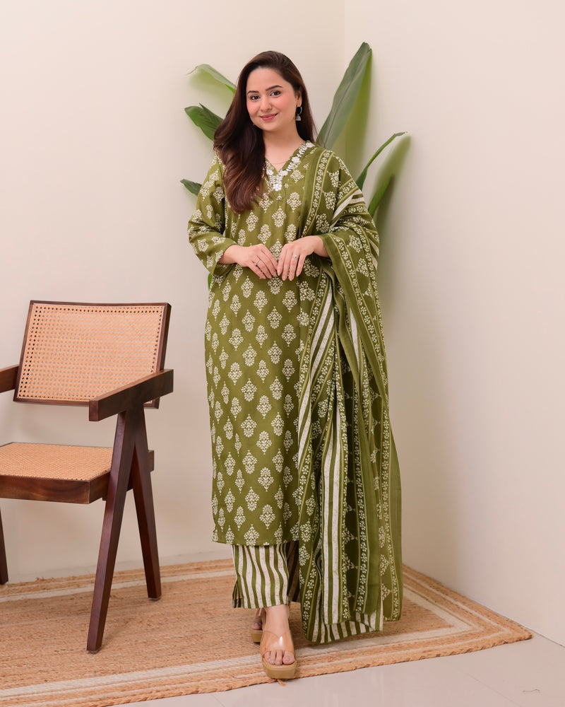 Green Floral Cotton Suit