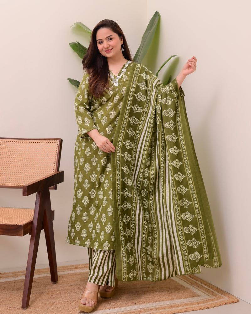 Green Floral Cotton Suit
