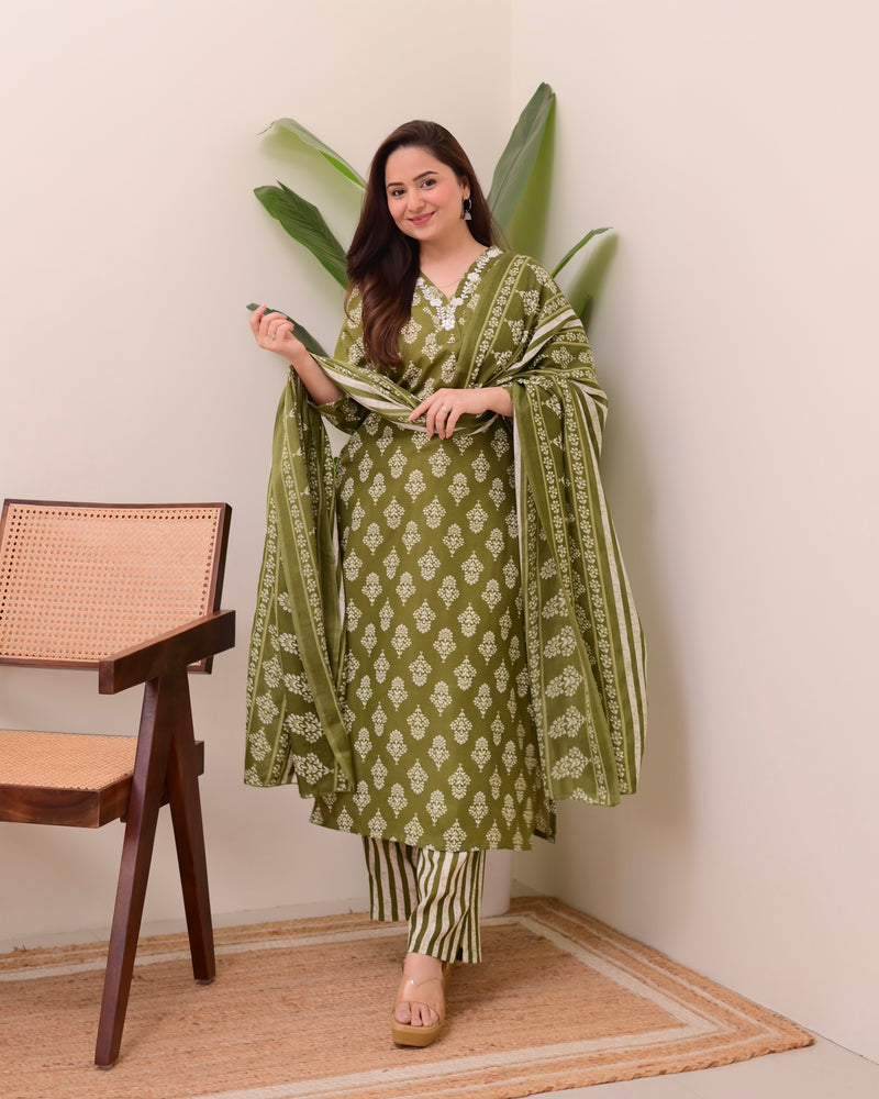 Green Floral Cotton Suit
