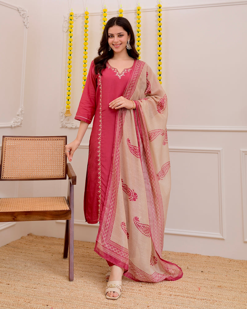Raspberry Red Gota Patti Handwork Mul Chanderi Suit
