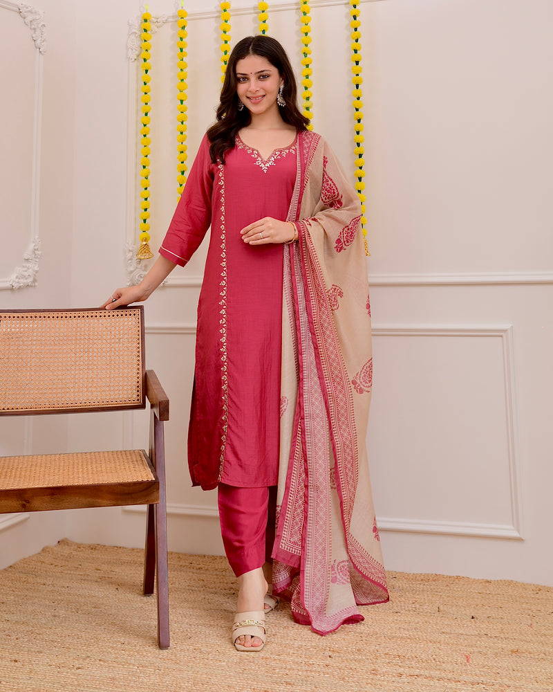 Raspberry Red Gota Patti Handwork Mul Chanderi Suit