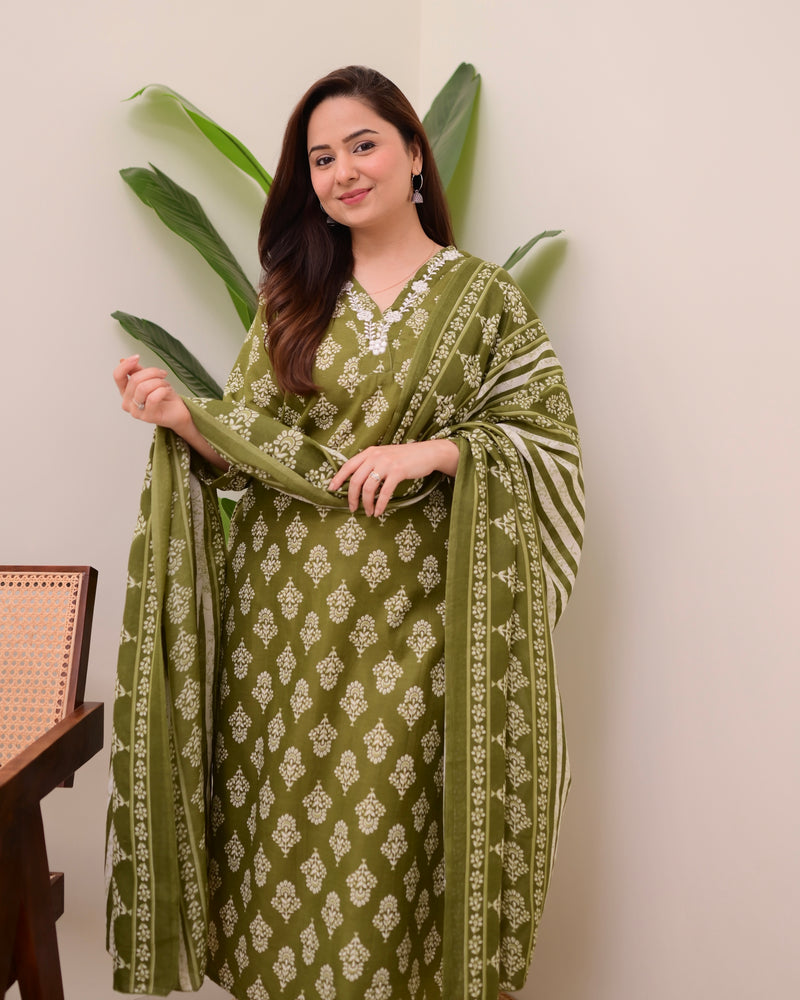 Green Floral Cotton Suit