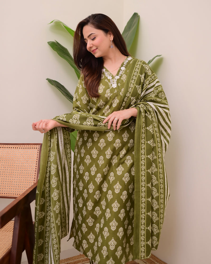 Green Floral Cotton Suit