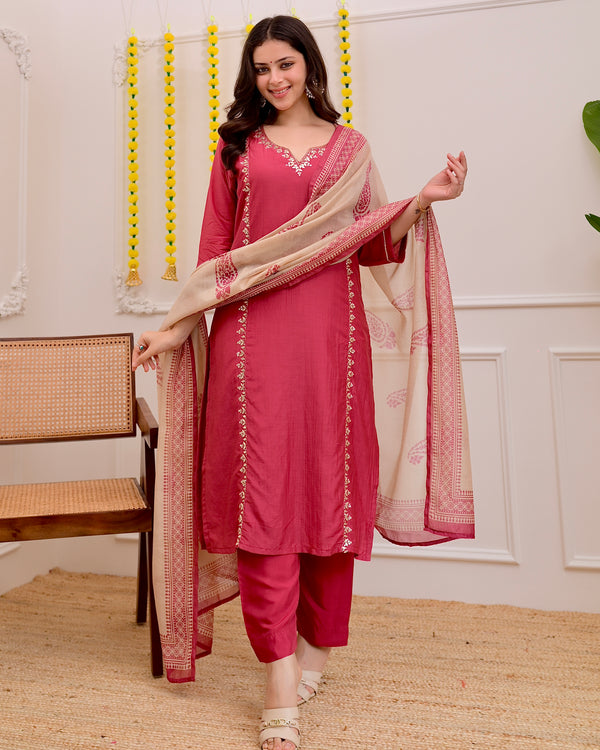 Raspberry Red Gota Patti Handwork Mul Chanderi Suit