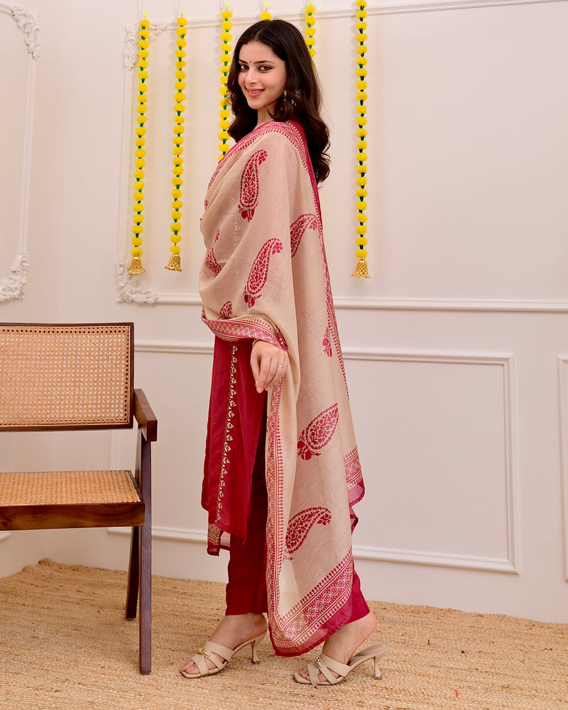 Raspberry Red Gota Patti Handwork Mul Chanderi Suit