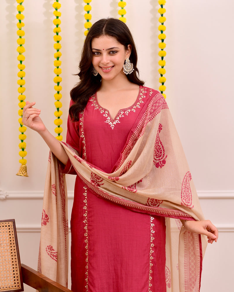Raspberry Red Gota Patti Handwork Mul Chanderi Suit