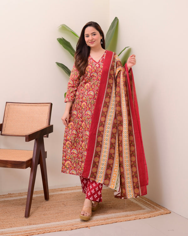 Maroon Floral Cotton Suit