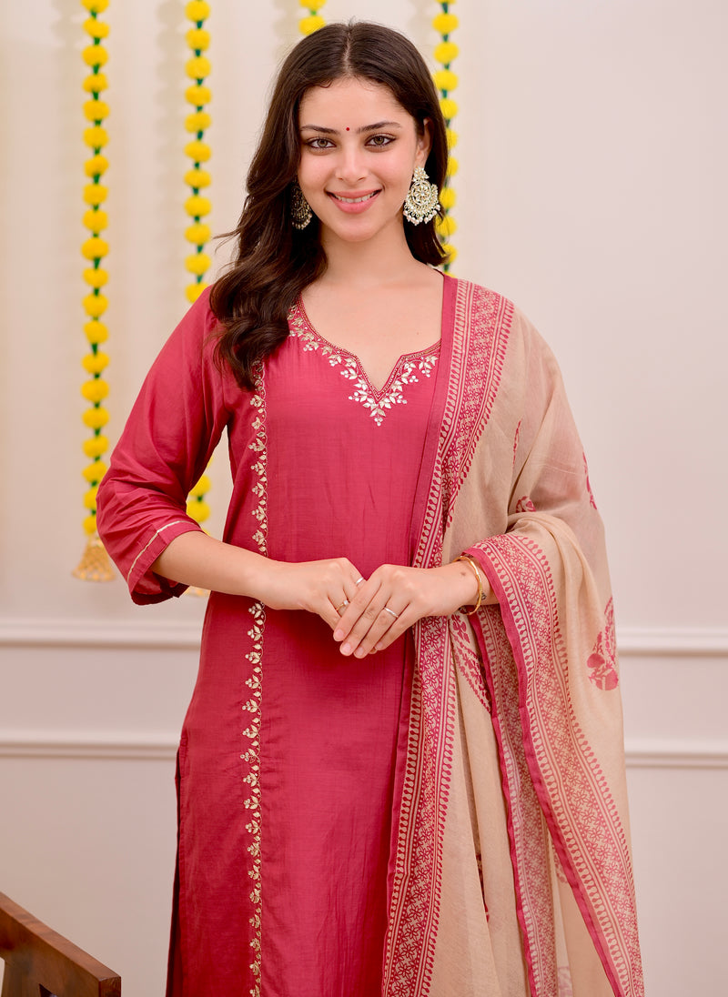 Raspberry Red Gota Patti Handwork Mul Chanderi Suit