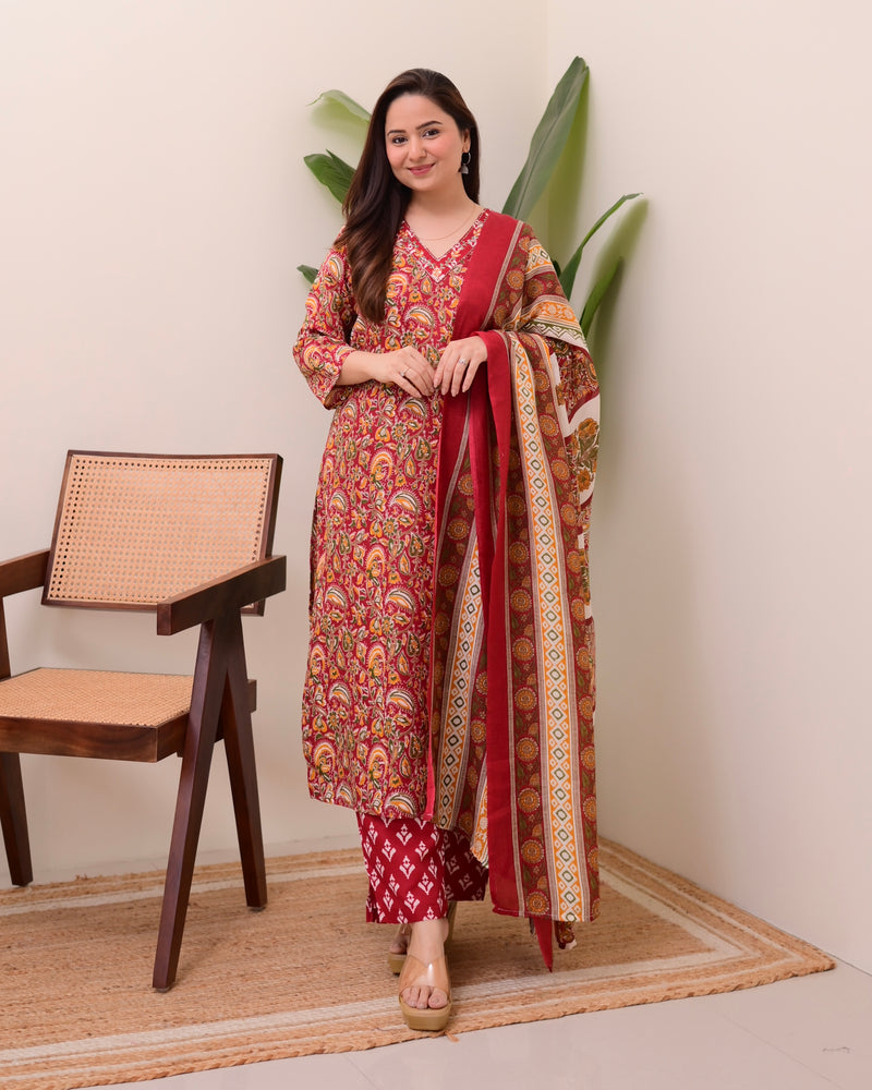 Maroon Floral Cotton Suit