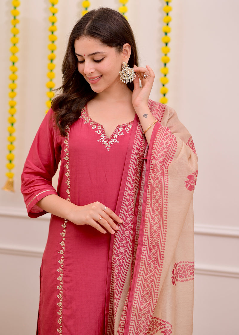 Raspberry Red Gota Patti Handwork Mul Chanderi Suit