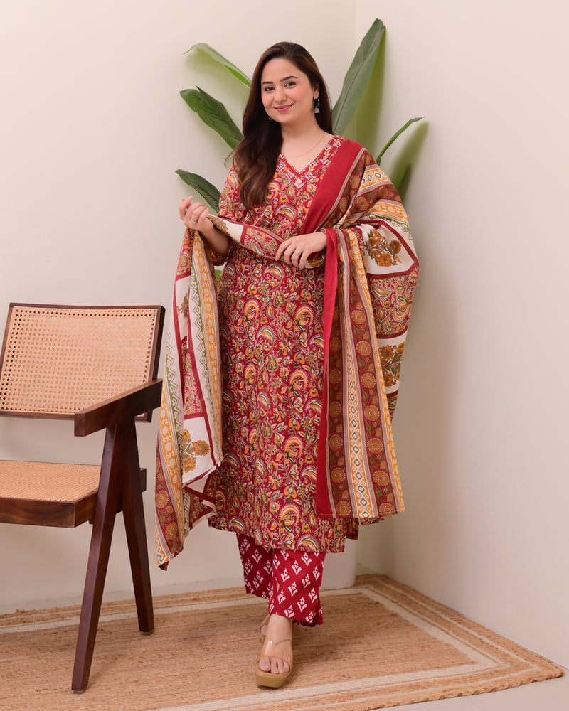 Maroon Floral Cotton Suit
