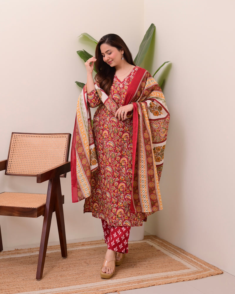 Maroon Floral Cotton Suit