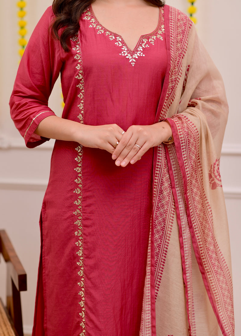 Raspberry Red Gota Patti Handwork Mul Chanderi Suit