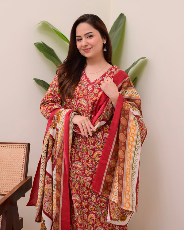 Maroon Floral Cotton Suit