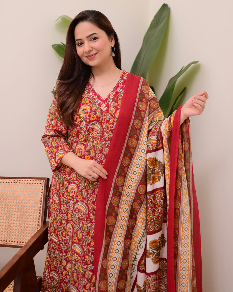 Maroon Floral Cotton Suit