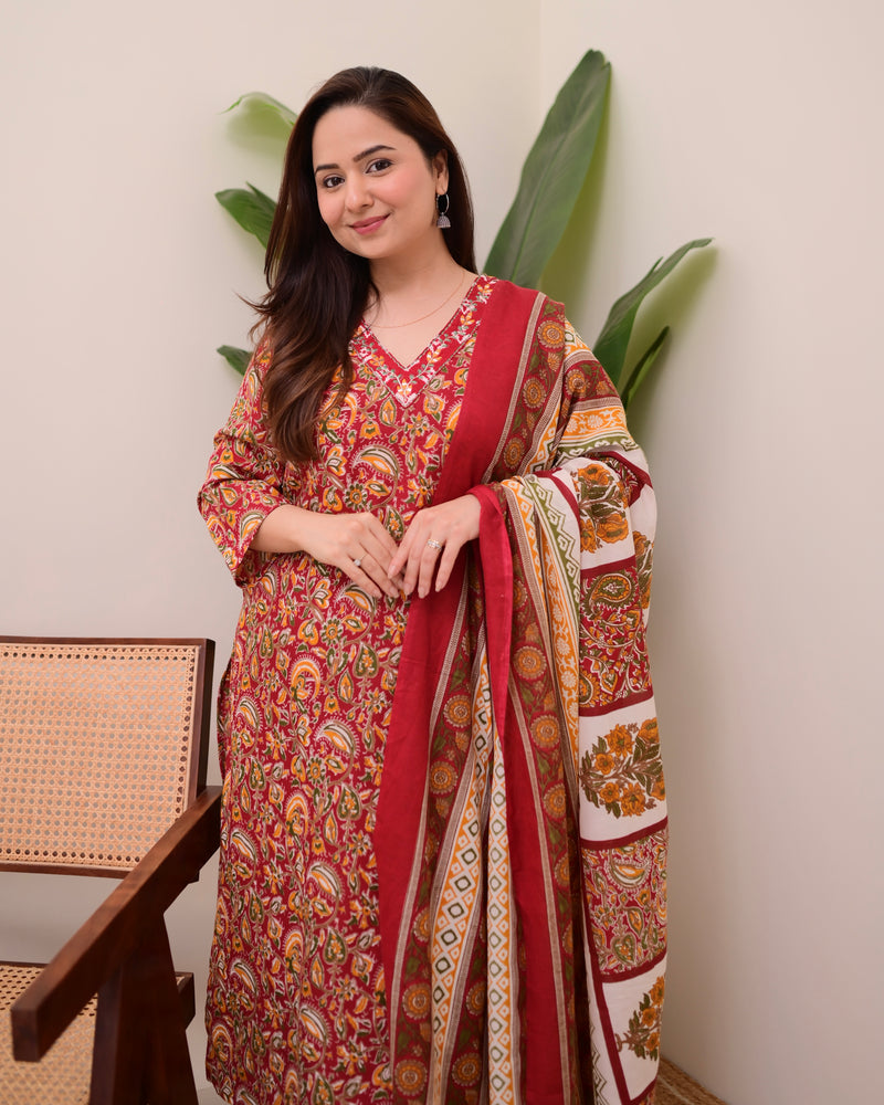Maroon Floral Cotton Suit
