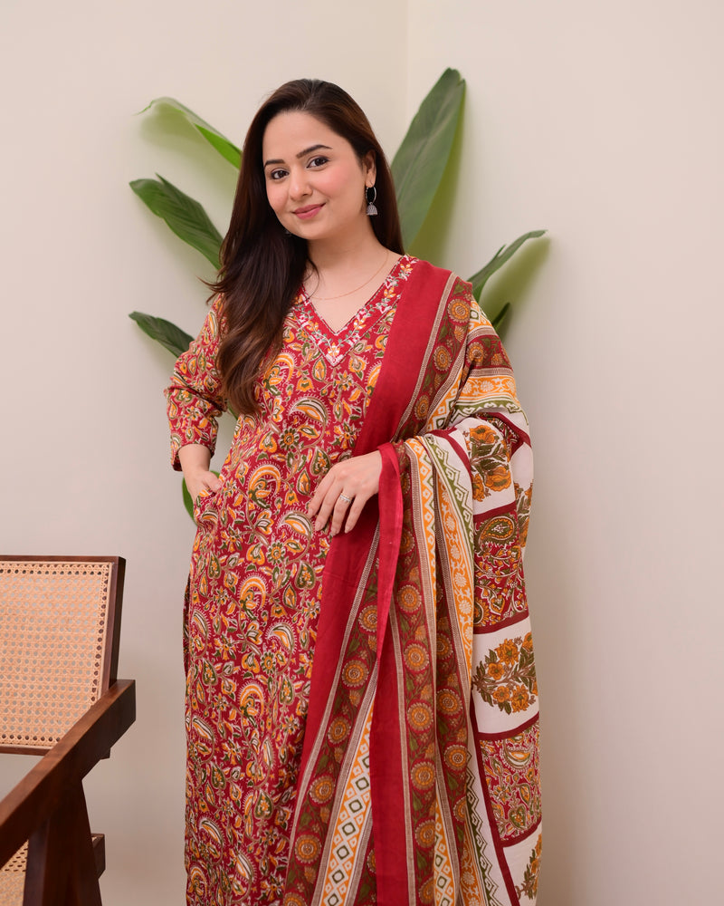 Maroon Floral Cotton Suit