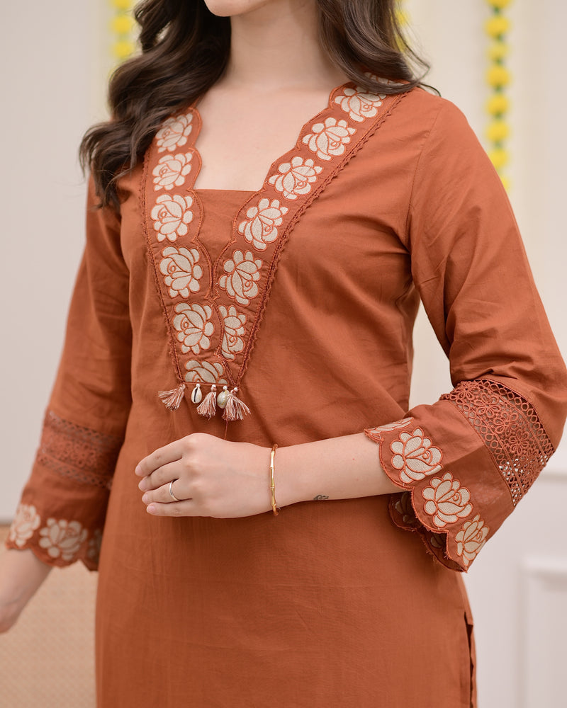 Terracotta Rose Threadwork Cotton Suit