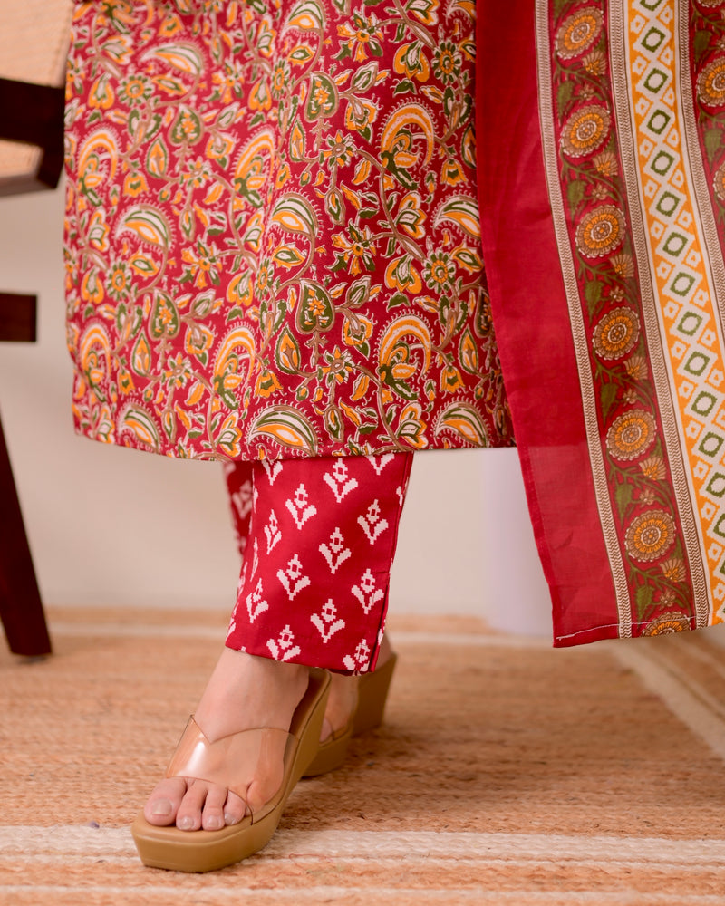 Maroon Floral Cotton Suit