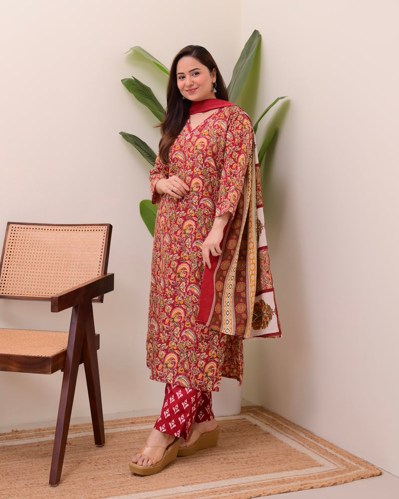 Maroon Floral Cotton Suit